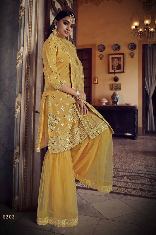 Masturd Yellow Pakistani Organza Sharara For Festivals & Indian Weddings - Thread Embroidery Work, Foil Mirror Work,