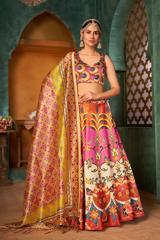Multicolor Silk Printed Lehenga Choli For Indian Festivals & Weddings - Print Work