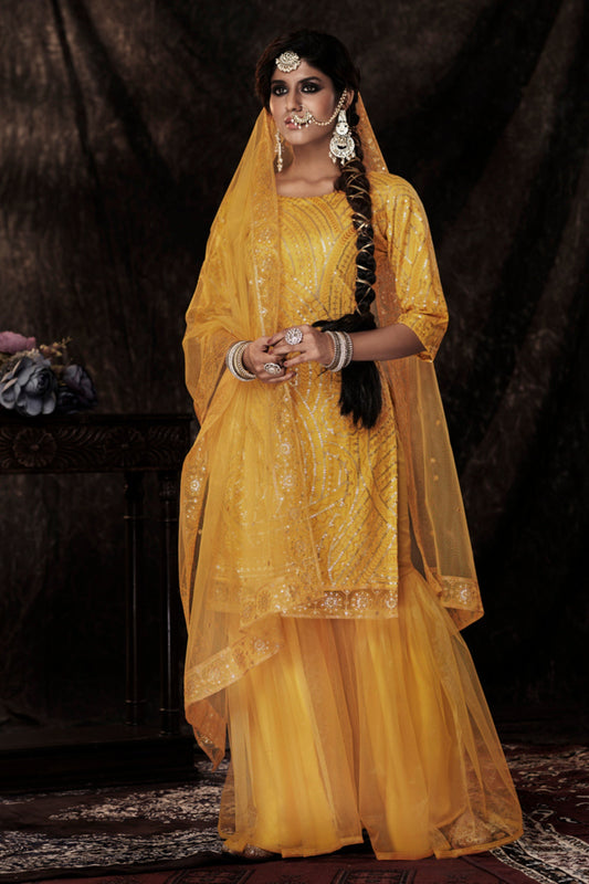 Mustard Pakistani Net Sharara For Festivals & Indian Weddings - Sequence Embroidery Work,