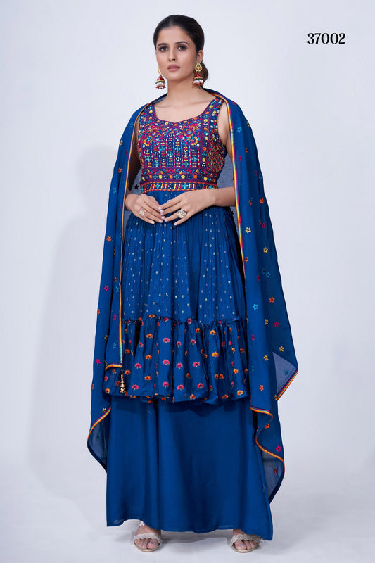 Navy Blue Pakistani Chiffon Plazo For Indian Festivals & Weddings - Thread Embroidery Work, Mirror Work