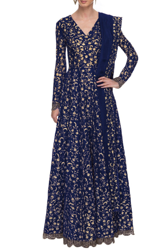 Navy Blue Indian Art Silk Gown For Indian Festival & Weddings - Sequence Embroidery Work, Dori Work