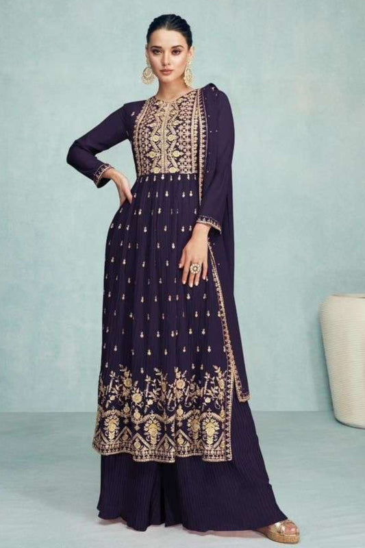 Navy Blue Pakistani Georgette Plazo For Indian Festivals & Weddings - Thread Embroidery Work,