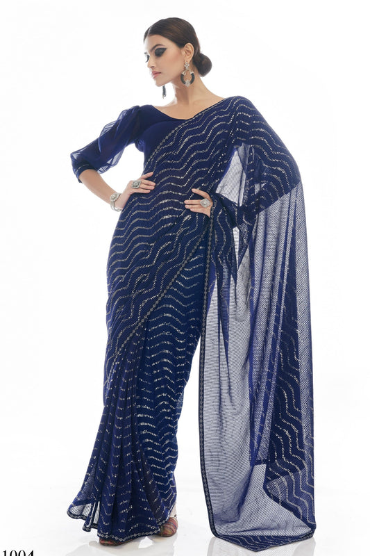 Navy Blue Pakistani Georgette Saree For Indian Festival & Weddings - Sequence Embroidery Work, Thread Embroidery Work,
