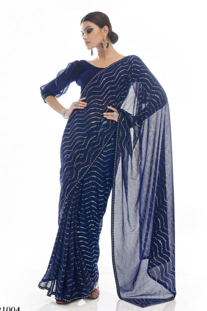 Navy Blue Pakistani Georgette Saree For Indian Festival & Weddings - Sequence Embroidery Work, Thread Embroidery Work,