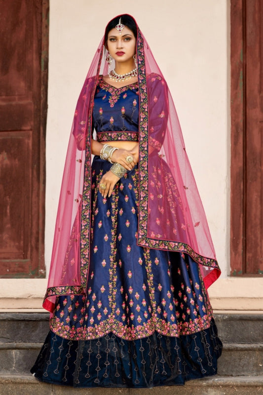Navy Blue Pakistani Satin Lehenga Choli For Indian Festival & Weddings - Thread Embroidery Work, Swarovski Work