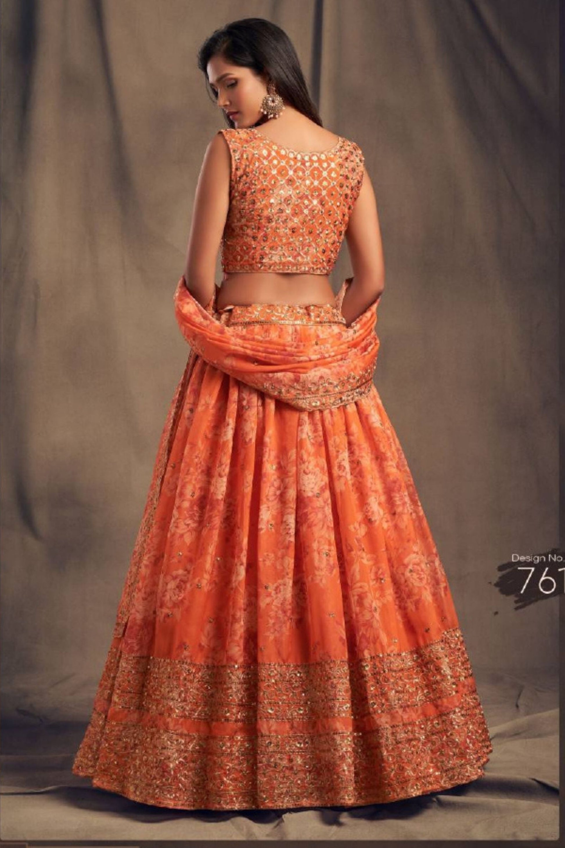 Orange Organza Floral Lehenga Choli For Indian Festival & Weddings - Print Work