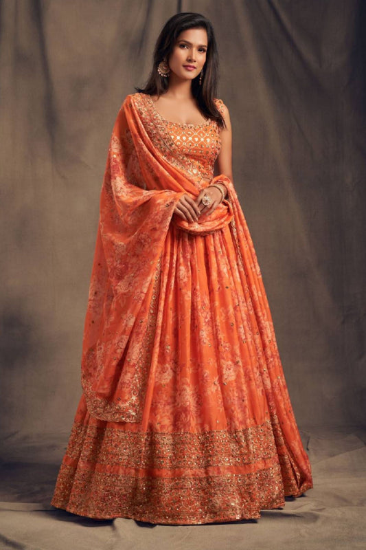 Orange Organza Floral Lehenga Choli For Indian Festival & Weddings - Print Work