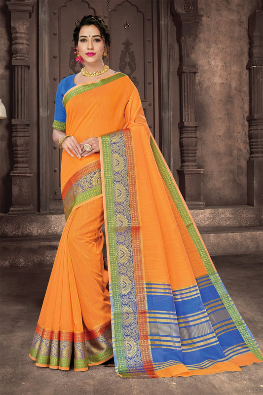 Orange Cotton Handloom Sarees with Blouse for Weddings | Indian Sari for Festival - Woven