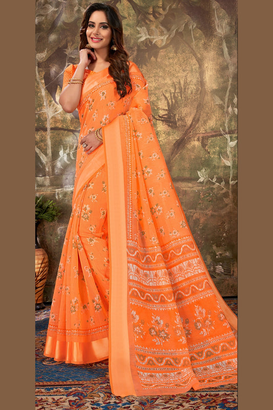 Orange Cotton Sarees with Blouse for Weddings | Indian Sari for Festival - Woven
