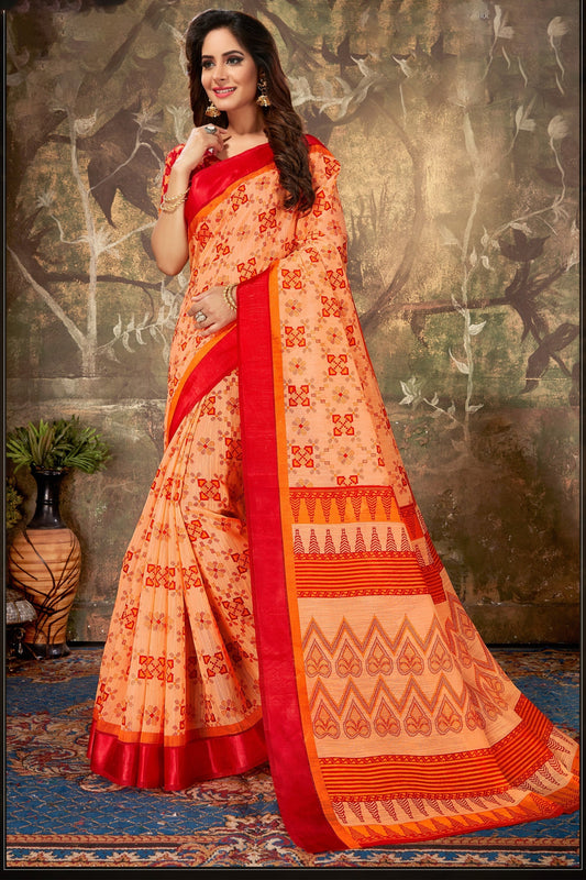 Orange Cotton Sarees with Blouse for Weddings | Indian Sari for Festival - Woven