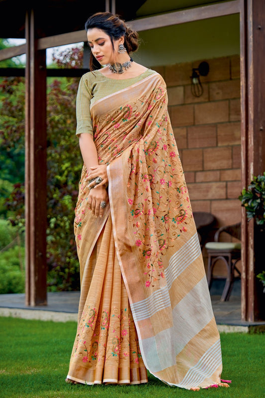Orange Linen Sarees with Blouse for Weddings | Indian Sari for Festival - Woven