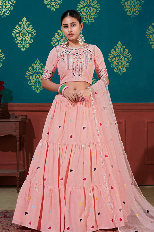 Peach Pakistani Cotton Lehenga Choli For Indian Festivals & Weddings - Sequence Embroidery Work, Thread Embroidery Work,