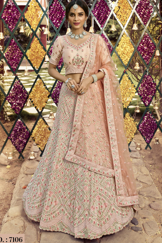 Peach Pakistani Crepe Lehenga Choli For Indian Festivals & Weddings - Resham Embroidery Work, Zari Work, Swarovski Work
