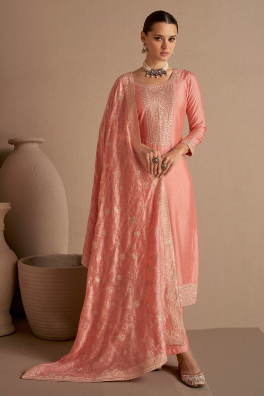 Peach Pakistani Silk Salwar Kameez For Indian Festivals & Weddings - Thread Embroidery Work,