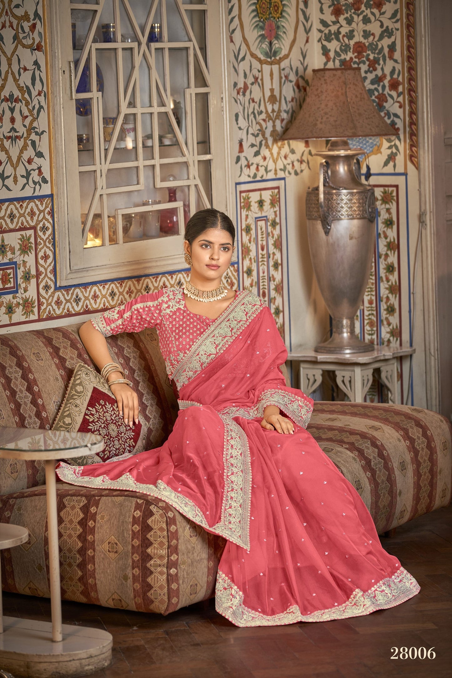 Peach Organza Saree with Blouse Festival Sari Designer Traditional Partywear Wedding Bridal - Sequence Embroidery & Dori Work