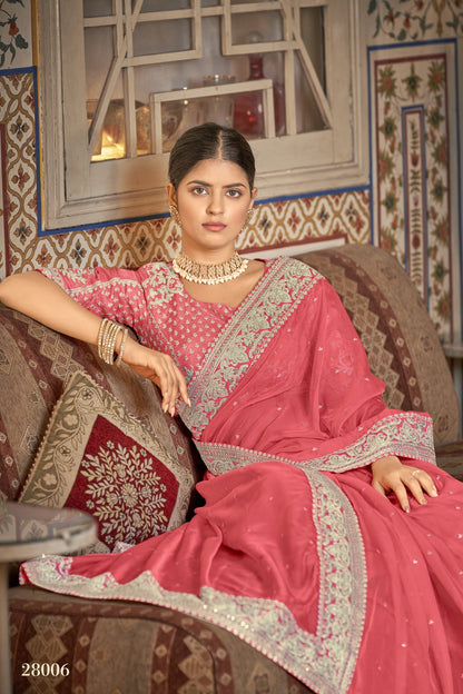 Peach Organza Saree with Blouse Festival Sari Designer Traditional Partywear Wedding Bridal - Sequence Embroidery & Dori Work
