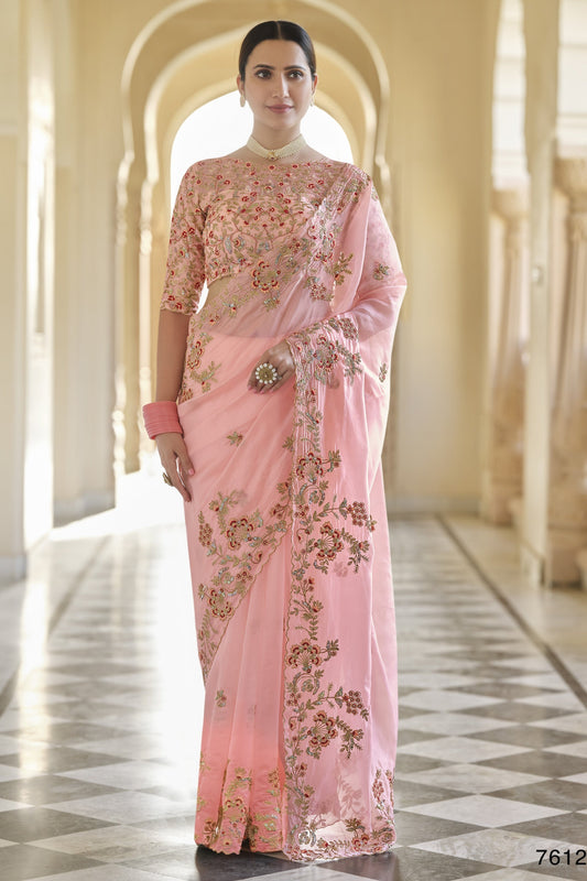 Peach Pakistani Organza Saree For Indian Festival & Weddings - Sequence Embroidery Work, Thread Embroidery Work, Dori Work