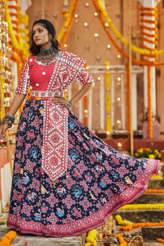 Pink Cotton Chaniya Choli For Navratri Garba Festivals 8 Meter Flair - Thread Embroidery Work, Mirror Work, Print Work