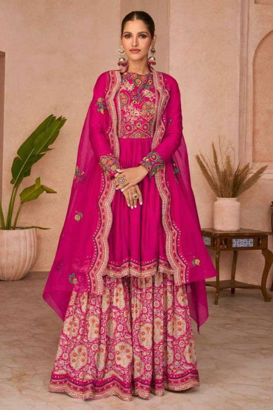 Pink Pakistani Georgette Sharara For Indian Festivals & Weddings - Thread Embroidery Work,