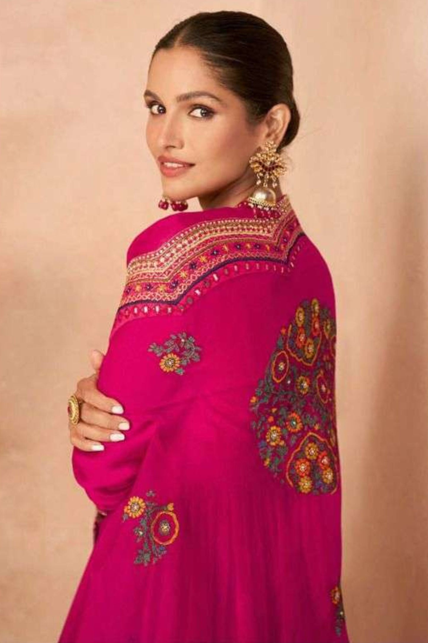 Pink Pakistani Georgette Sharara For Indian Festivals & Weddings - Thread Embroidery Work,