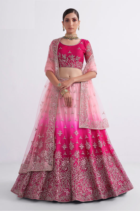 Pink Pakistani Net Lehenga Choli For Indian Festivals & Weddings - Sequence Embroidery Work, Thread Embroidery Work, Codding Embroidery Work, Zari Work, Zarkan Work