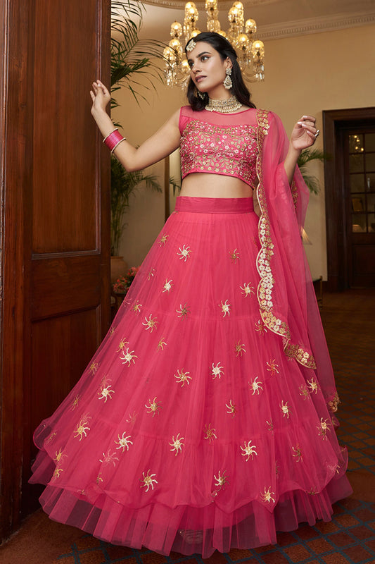Pink Pakistani Silk Ruffle Lehenga Choli For Indian Festivals & Weddings - Sequence Embroidery Work, Thread Embroidery Work,