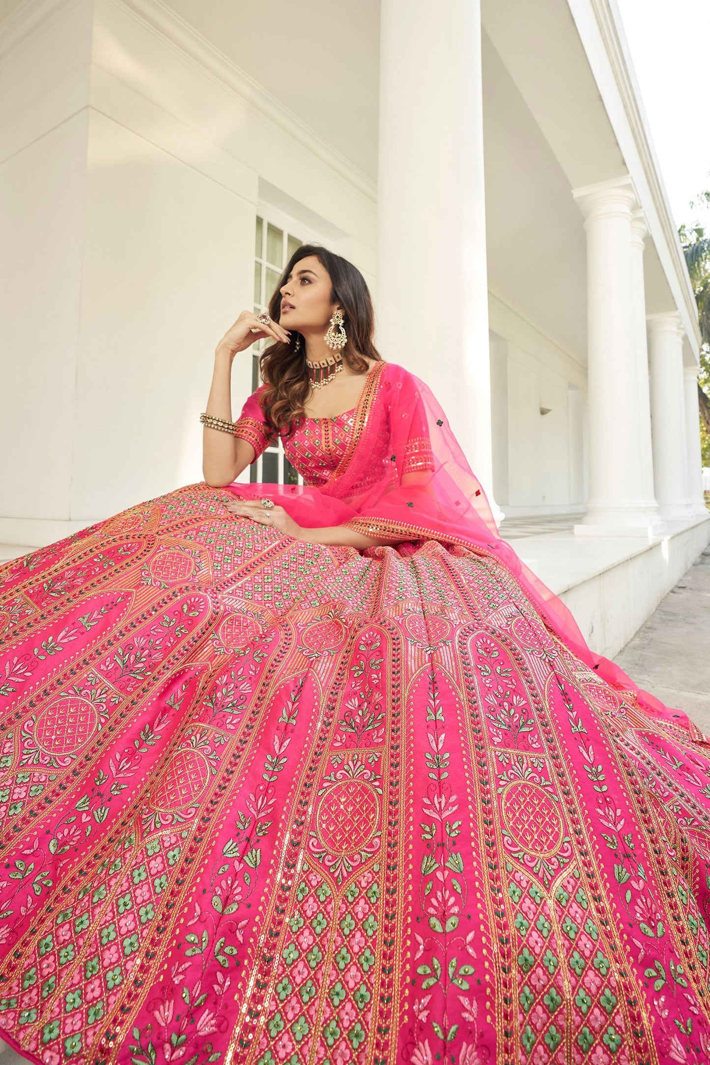 Pink Silk Lehenga Choli For Indian Weddings & Festivals - Thread Work, Sequence Embroidery Work, Stone Work