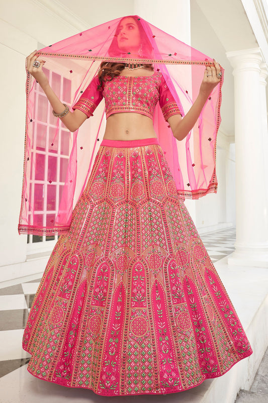 Pink Silk Lehenga Choli For Indian Weddings & Festivals - Thread Work, Sequence Embroidery Work, Stone Work