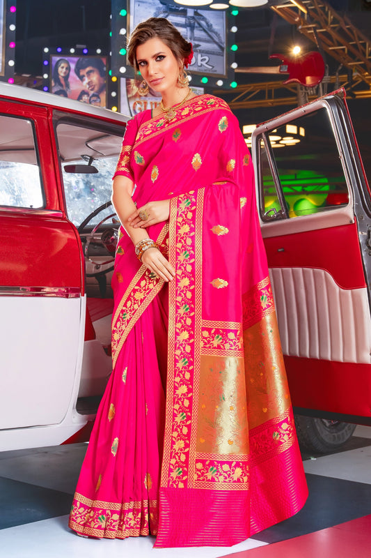 Pink Jacquard Silk Sarees with Blouse for Weddings | Indian Sari for Festival - Woven