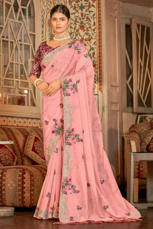 Pink Organza Saree with Blouse Festival Sari Designer Traditional Partywear Wedding Bridal - Embroidery & Zari Work