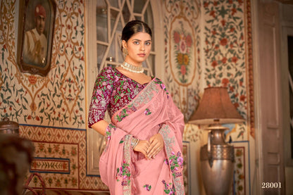 Pink Organza Saree with Blouse Festival Sari Designer Traditional Partywear Wedding Bridal - Embroidery & Zari Work