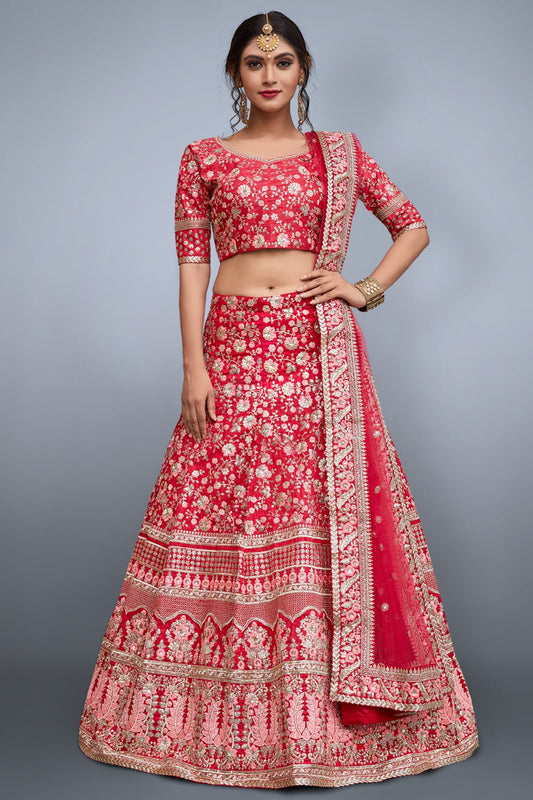 Pink Pakistani Art Silk Lehenga Choli For Indian Festival & Weddings - Sequence Embroidery Work, Resham Embroidery Work, Lace Work,
