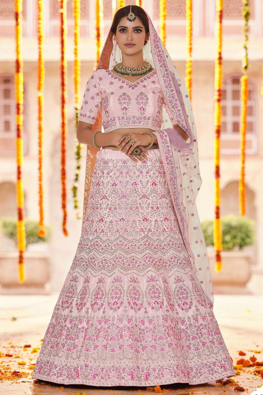 Pink Pakistani Crepe Lehenga Choli For Indian Festival & Weddings - Sequence Embroidery Work, Thread Embroidery Work,