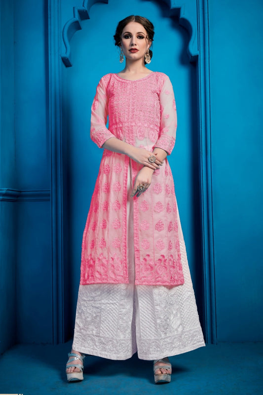 Pink Pakistani Georgette Plazo Suit For Indian Festival & Weddings - Thread Embroidery Work,