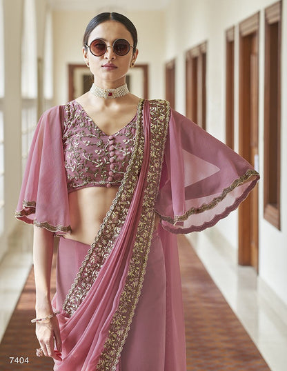 Pink Pakistani Georgette Saree For Indian Festival & Weddings - Resham Embroidery Work, Zari Work, Beads Work