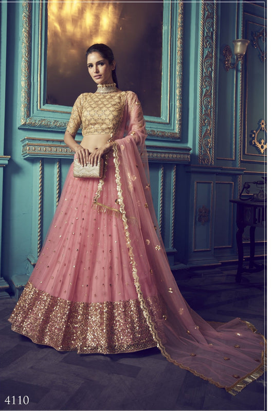 Pink Pakistani Net Lehenga Choli For Indian Festival & Weddings - Sequence Embroidery Work, Dori Work