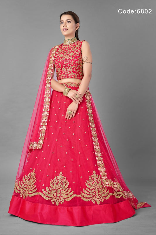 Pink Pakistani Net Lehenga Choli For Indian Festival & Weddings - Thread Embroidery Work, Dori Work