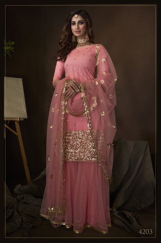 Pink Pakistani Net Sharara For Festivals & Indian Weddings - Sequence Embroidery Work,