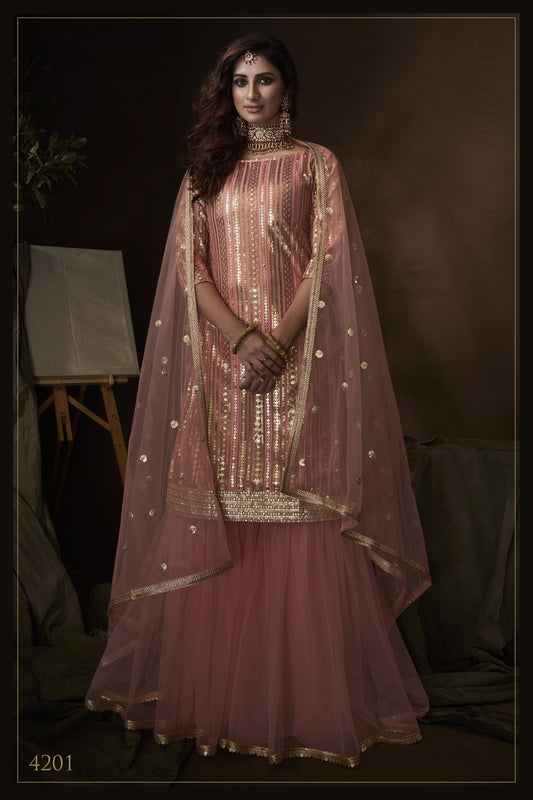 Pink Pakistani Net Sharara For Festivals & Indian Weddings - Sequence Embroidery Work, Thread Embroidery Work, Dori Work