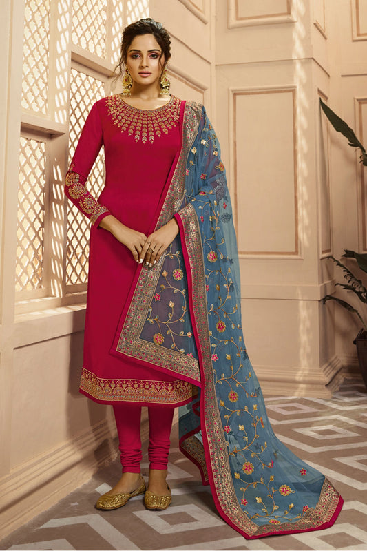 Pink Pakistani Satin Georgette Salwar Kameez For Wedding & Festival - Embroidery Work