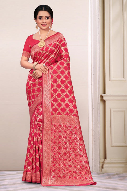 Pink Silk Sarees with Blouse for Wedding | Indian Festival Sari - Woven