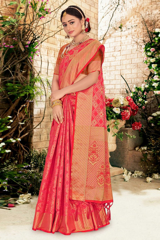Pink Silk Sarees with Blouse for Wedding | Indian Festival Sari - Woven