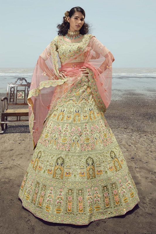 Pista Green Indian Georgette Lehenga Choli Set For Wedding & Festival - Embroidery Work