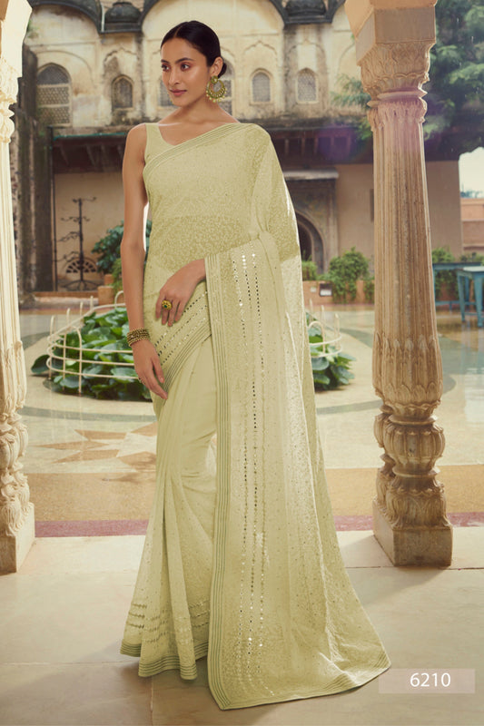 Pista Green Pakistani Georgette Saree For Indian Festival & Weddings - Sequence Embroidery Work, Thread Embroidery Work, Mirror Work
