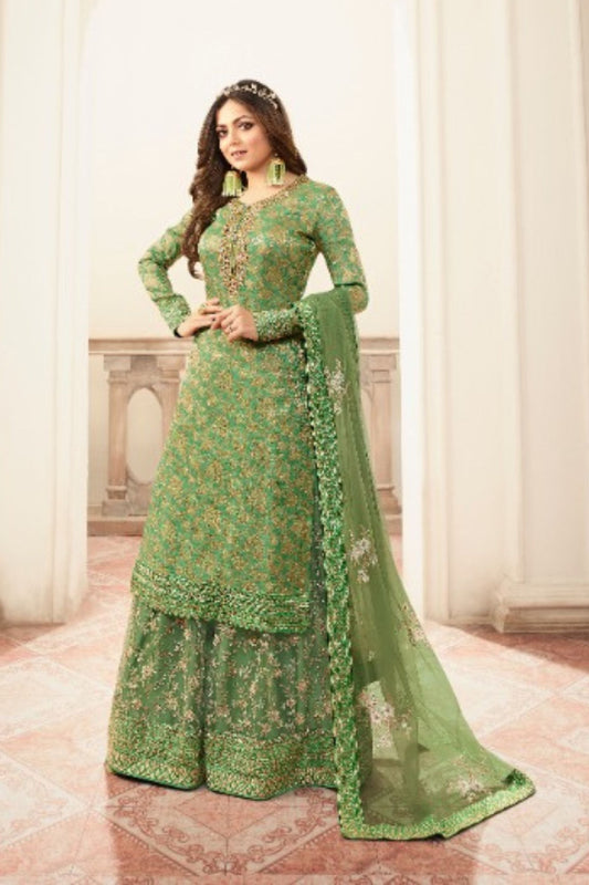 Green Pakistani Jacquard Plazo For Wedding & Festival - Embroidery Work