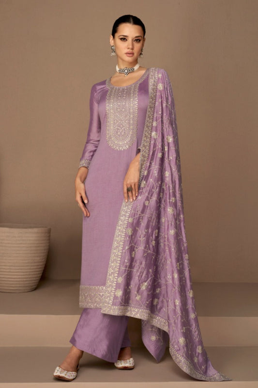 Purple Pakistani Silk Salwar Kameez For Indian Festivals & Weddings - Thread Embroidery Work,