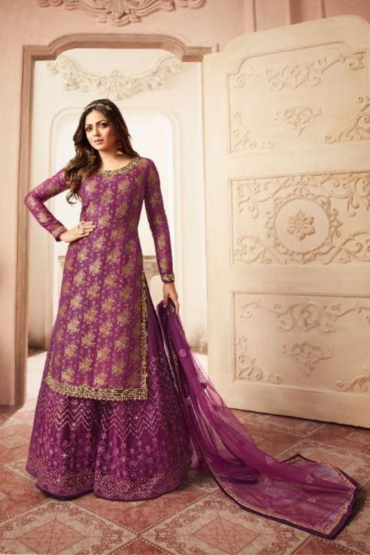 Purple Pakistani Jacquard Plazo For Wedding & Festival - Embroidery Work