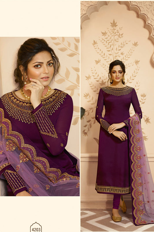 Purple Pakistani Satin Georgette Salwar Kameez For Wedding & Festival - Embroidery Work