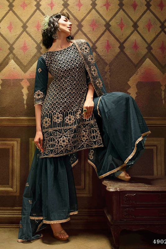 Rama Green Pakistani Net Sharara For Festivals & Indian Weddings - Sequence Embroidery Work,