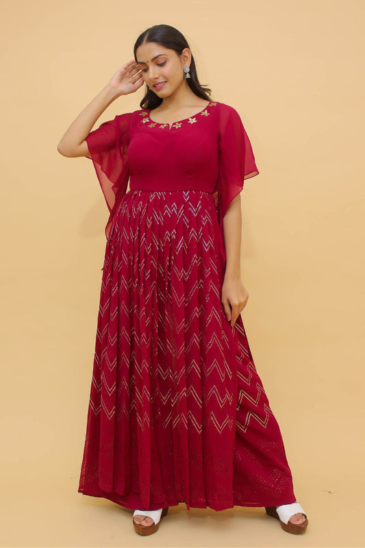 Raspberry Pakistani Georgette Plazo Suit For Indian Festival & Weddings - Rubber Print Work, Mukaish Work